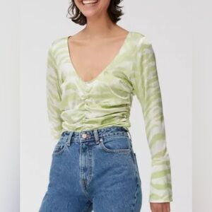 Ganni Light Green Zebra-Print Silk Top